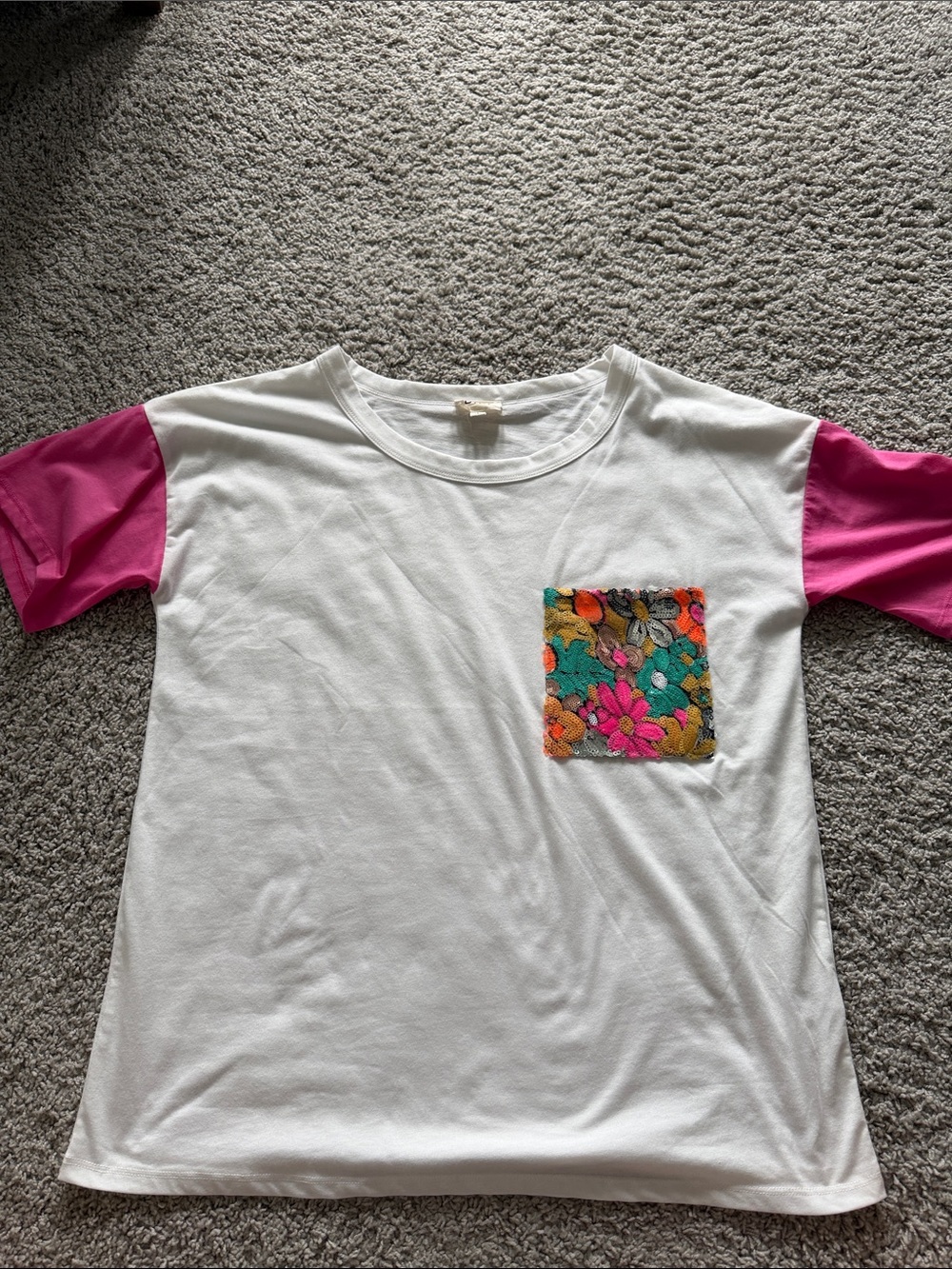 Women’s White Tee with Bright Pink Raglan Sleeves and Sequin Floral Pocket